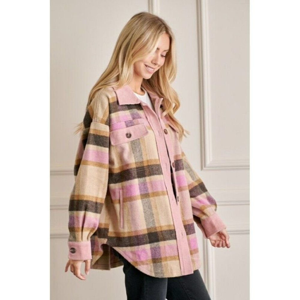 SALE! GeeGee Clothing Pink Plaid Button Up Shirt Jacket Shacket Mauve SJ1798 - Picture 2 of 5